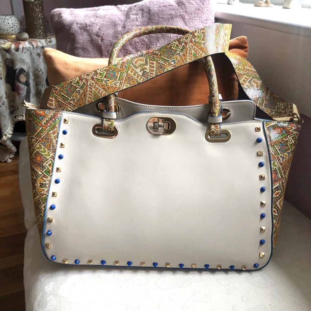 Victoria Napoli Nevia Large Beige Leather Tote crossbody bag , gold&roya…